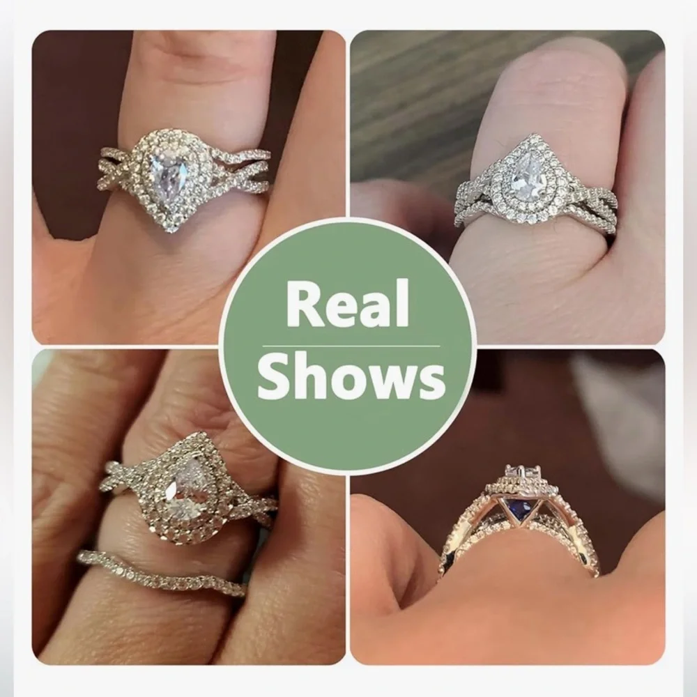 Sterling silver pear shaped, pave engagement style ring set, size 8 - Picture 2 of 3